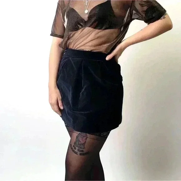 Vintage 90s Velour Velvet grungy Black Skirt - Picture 4 of 8